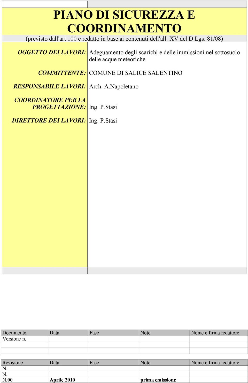 COMUNE DI SALICE SALENTINO RESPONSABILE LAVORI: Arch. A.Napoletano COORDINATORE PER LA PROGETTAZIONE: Ing. P.Stasi DIRETTORE DEI LAVORI: Ing.