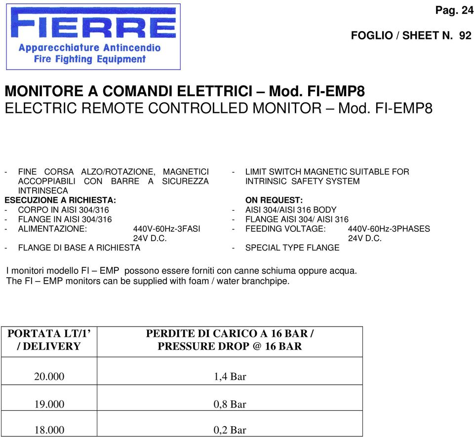 IN AISI 304/316 - AISI 304/AISI 316 BODY - FLANGE IN AISI 304/316 - FLANGE AISI 304/ AISI 316 - ALIMENTAZIONE: 440V-60Hz-3FASI - FEEDING VOLTAGE: 440V-60Hz-3PHASES - FLANGE DI BASE A RICHIESTA -