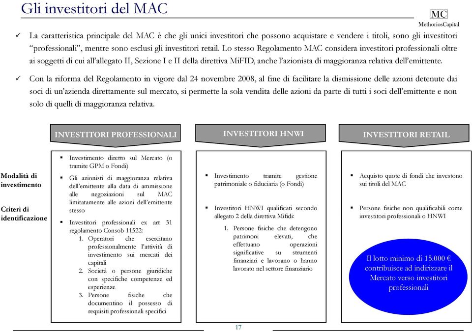 Lo stesso Regolamento MAC considera investitori professionali oltre ai soggetti di cui all allegato II, Sezione I e II della direttiva MiFID, anche l azionista di maggioranza relativa dell emittente.