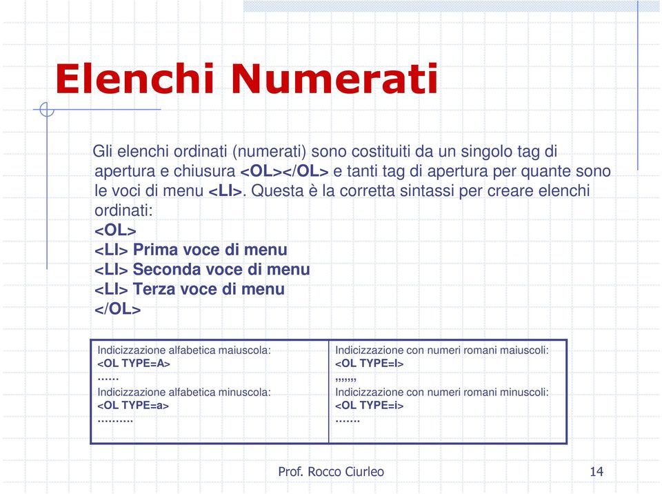 Questa è la corretta sintassi per creare elenchi ordinati: <OL> <LI> Prima voce di menu <LI> Seconda voce di menu <LI> Terza voce di menu