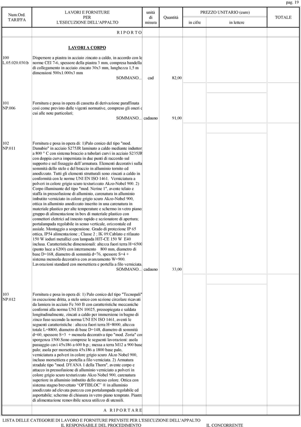 .. cad 82,00 101 Fornitura e posa in opera di cassetta di derivazione paraffinata NP.006 così come previsto dalle vigenti normative, compreso gli oneri di cui alle note particolari; SOMMANO.