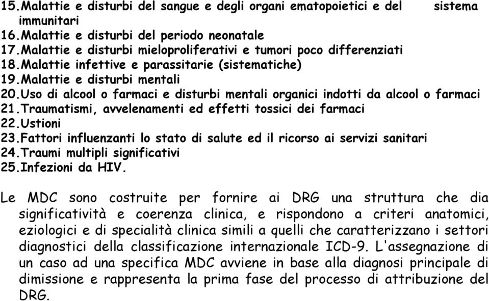 Uso di alcool o farmaci e disturbi mentali organici indotti da alcool o farmaci 21.Traumatismi, avvelenamenti ed effetti tossici dei farmaci 22.Ustioni 23.