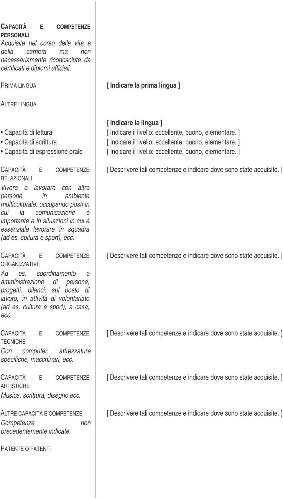 ] Capacità di scrittura [ Indicare il livello: eccellente, buono, elementare. ] Capacità di espressione orale [ Indicare il livello: eccellente, buono, elementare.