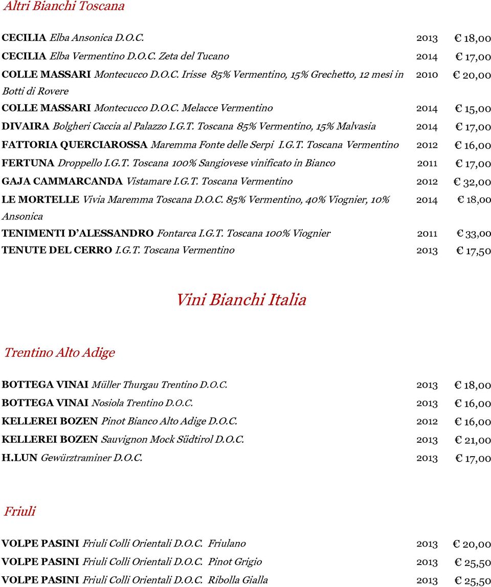 G.T. Toscana 100% Sangiovese vinificato in Bianco 2011 17,00 GAJA CAMMARCANDA Vistamare I.G.T. Toscana Vermentino 2012 32,00 LE MORTELLE Vivia Maremma Toscana D.O.C. 85% Vermentino, 40% Viognier, 10% 2014 18,00 Ansonica TENIMENTI D ALESSANDRO Fontarca I.