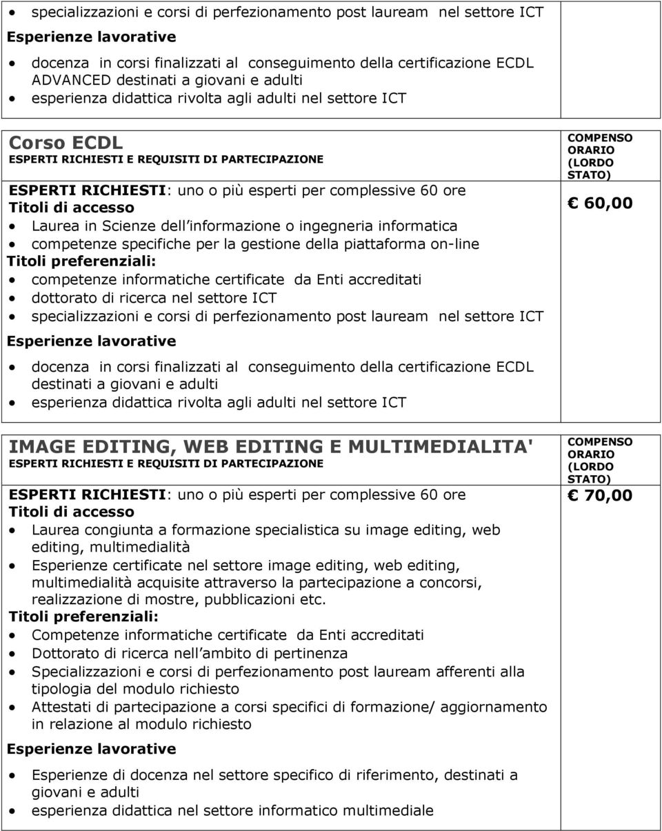 informatiche certificate da Enti accreditati dottorato di ricerca nel settore ICT specializzazioni e corsi di perfezionamento post lauream nel settore ICT docenza in corsi finalizzati al