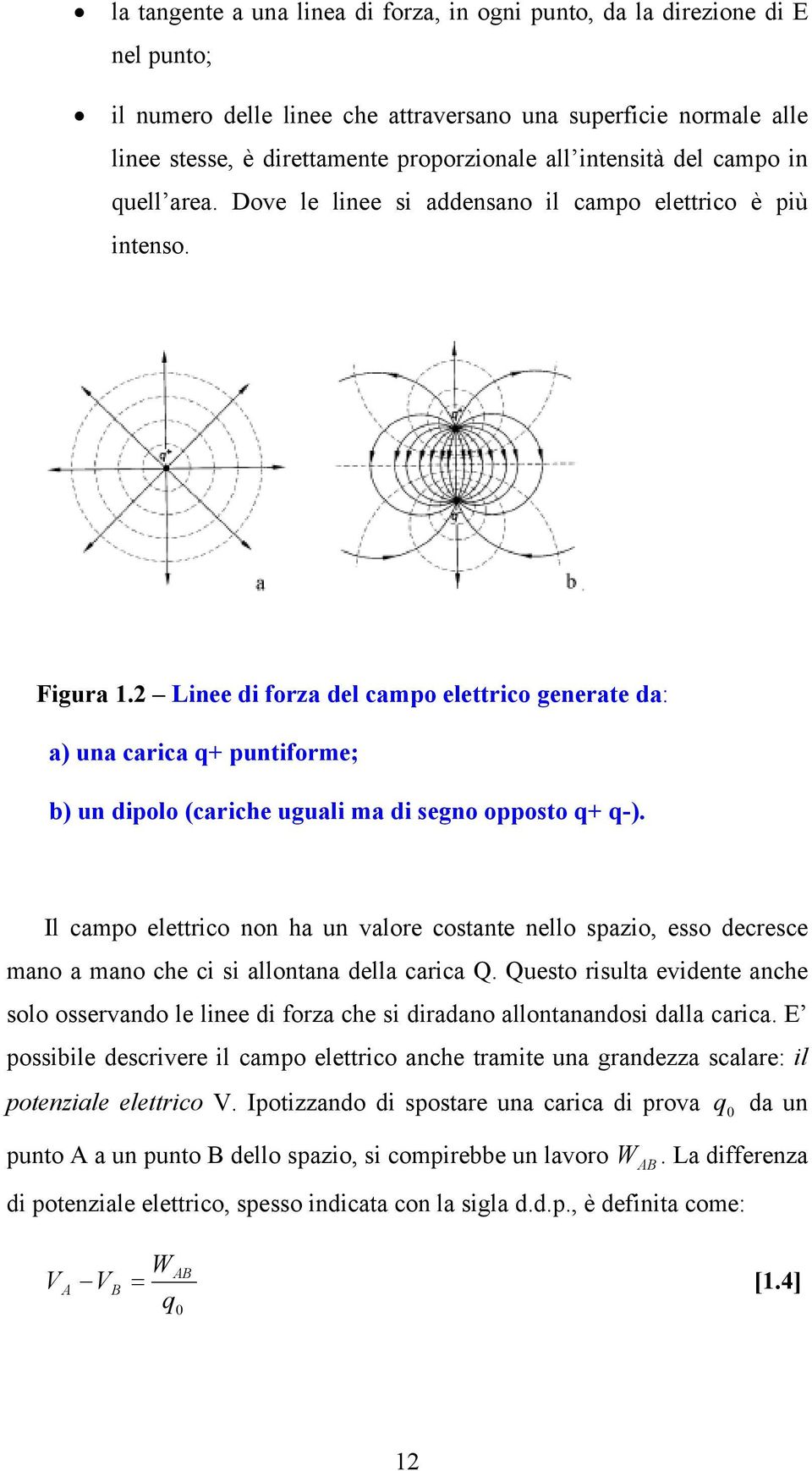 Linee di forza del campo elettrico generate da: a) una carica q+ puntiforme; b) un dipolo (cariche uguali ma di segno opposto q+ q-).