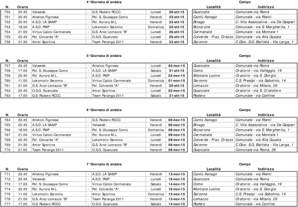 Margherita, 1 754 21.00 Virtus Calcio Cermenate - G.S. Arco Lomazzo "B" Lunedì 26-ott-15 Cermenate Comunale - via Montale 1 755 20.45 Pol. Colverde "A" - O.S.G. Guanzate Lunedì 26-ott-15 Colverde - Fraz.