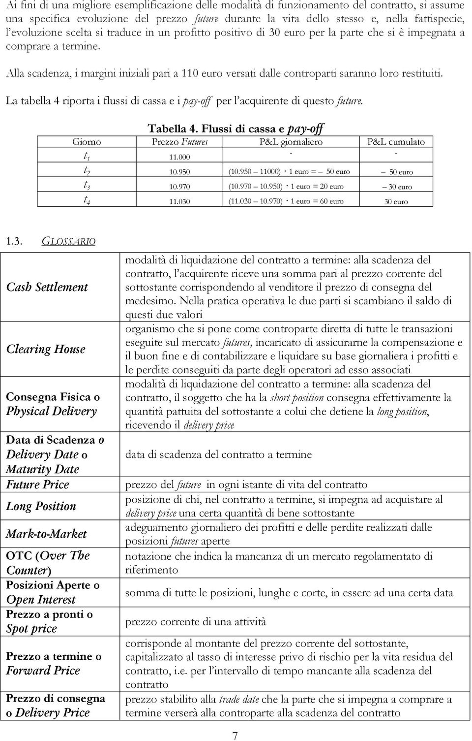 Alla scadenza, i margini iniziali pari a 110 euro versati dalle controparti saranno loro restituiti. La tabella 4 riporta i flussi di cassa e i pay-off per l acquirente di questo future. Tabella 4.