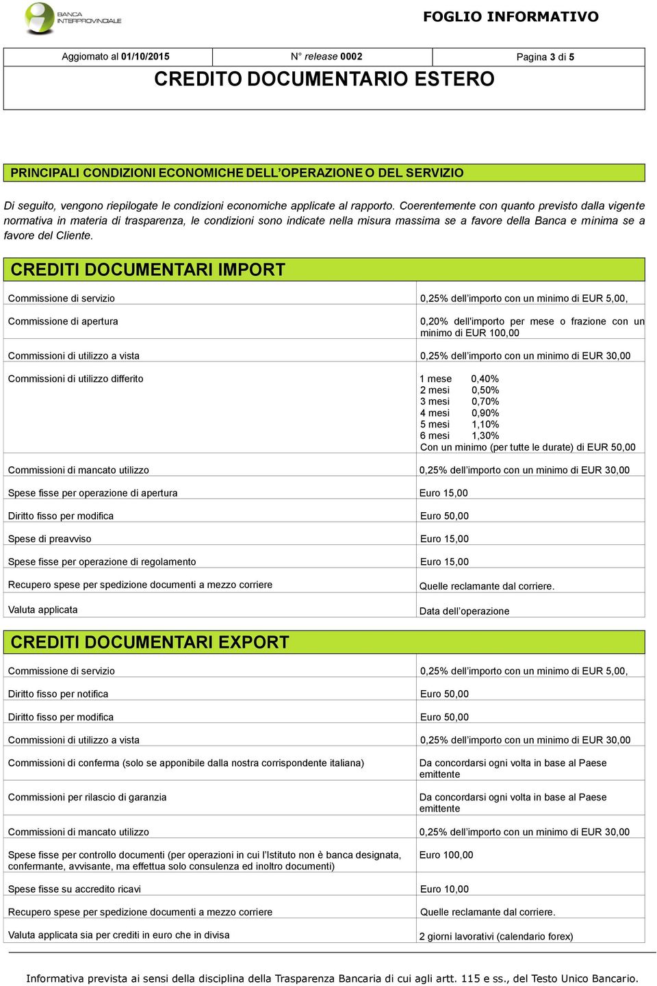 CREDITI DOCUMENTARI IMPORT Commissione di servizio 0,25% dell importo con un minimo di EUR 5,00, Commissione di apertura 0,20% dell'importo per mese o frazione con un minimo di EUR 100,00 Commissioni