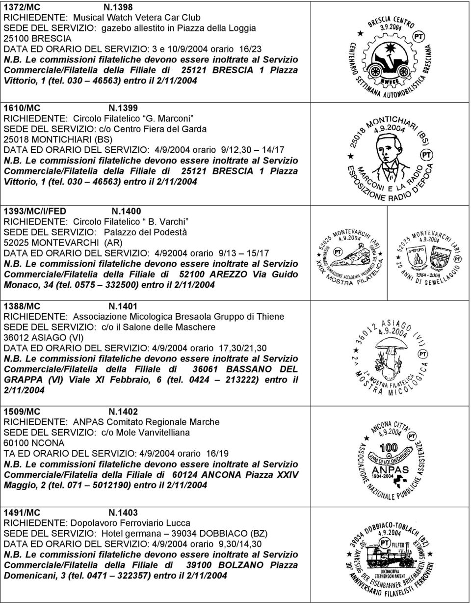 della Filiale di 25121 BRESCIA 1 Piazza Vittorio, 1 (tel. 030 46563) entro il 2/11/2004 1610/MC N.1399 RICHIEDENTE: Circolo Filatelico G.