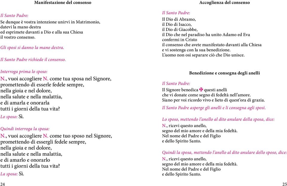 come tua sposa nel Signore, promettendo di esserle fedele sempre, nella gioia e nel dolore, nella salute e nella malattia, e di amarla e onorarla tutti i giorni della tua vita? Lo sposo: Sì.