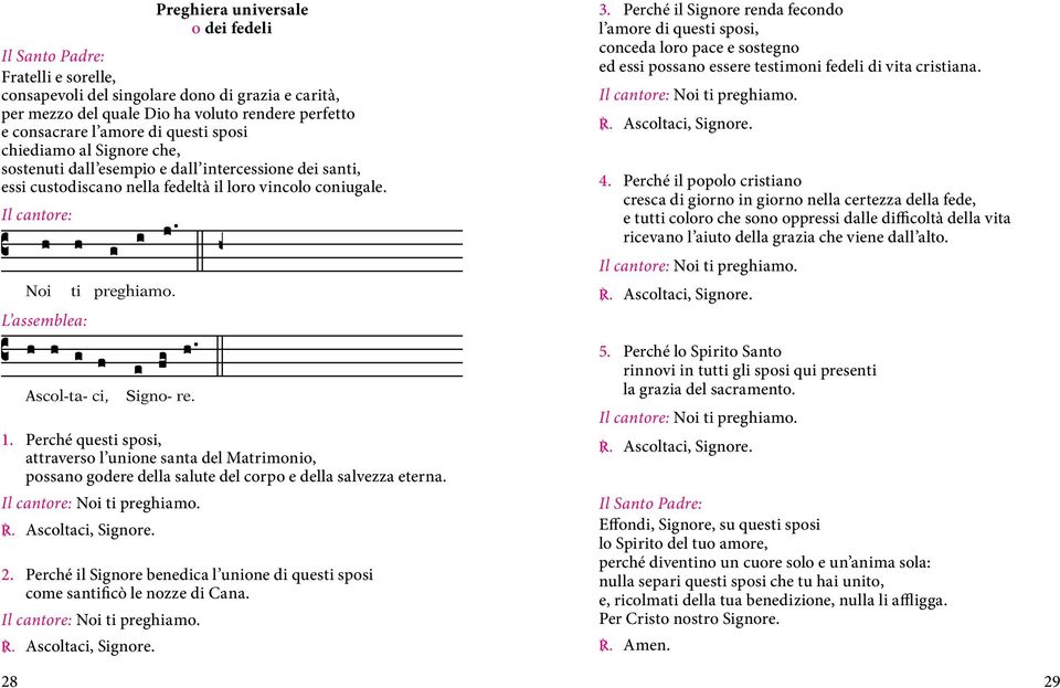 Perché questi sposi, attraverso l unione santa del Matrimonio, possano godere della salute del corpo e della salvezza eterna. Il cantore: Noi ti preghiamo. C. Ascoltaci, Signore. 2.