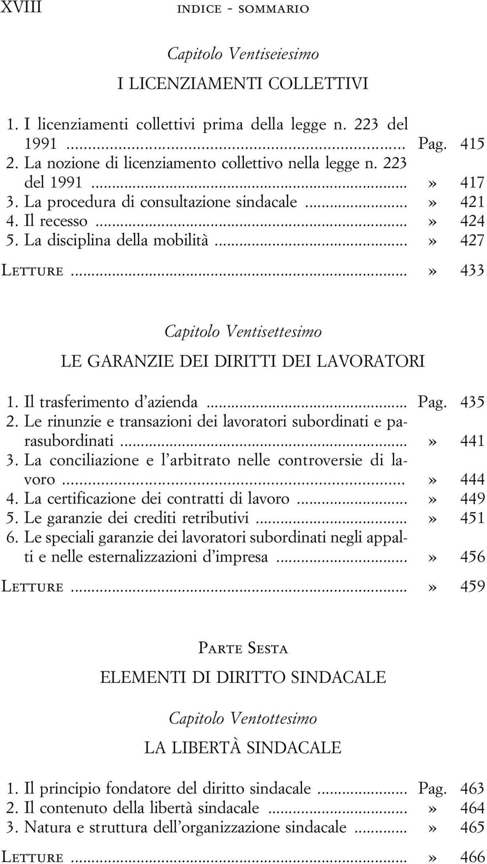 ..» 433 Capitolo Ventisettesimo LE GARANZIE DEI DIRITTI DEI LAVORATORI 1. Il trasferimento d azienda... Pag. 435 2. Le rinunzie e transazioni dei lavoratori subordinati e parasubordinati...» 441 3.