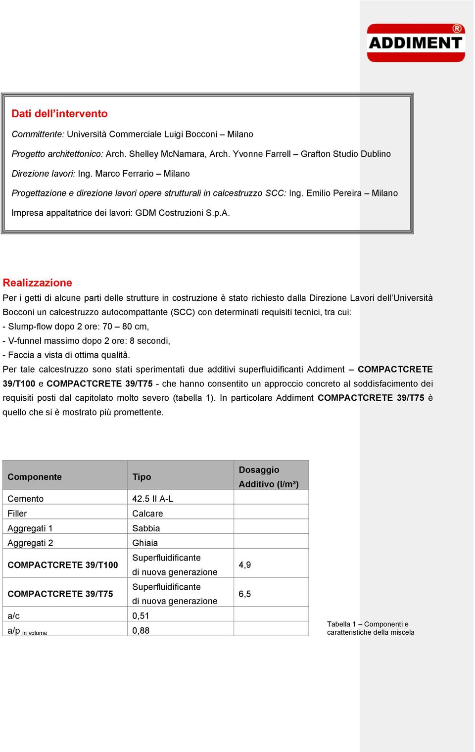 Realizzazione Per i getti di alcune parti delle strutture in costruzione è stato richiesto dalla Direzione Lavori dell Università Bocconi un calcestruzzo autocompattante (SCC) con determinati