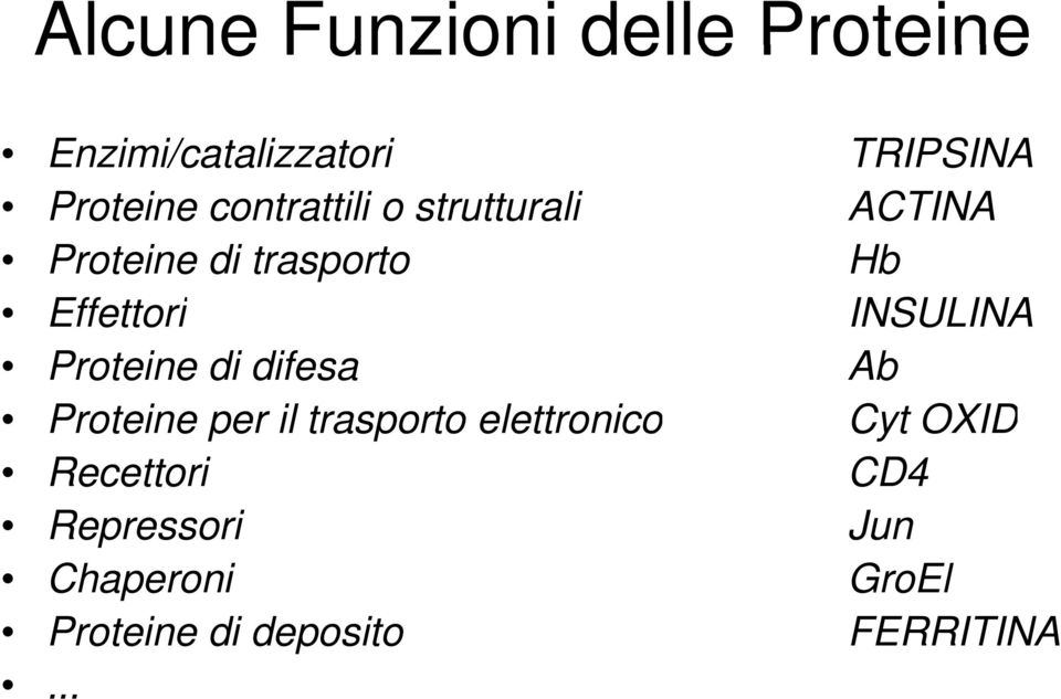 INSULINA Proteine di difesa Ab Proteine per il trasporto elettronico Cyt