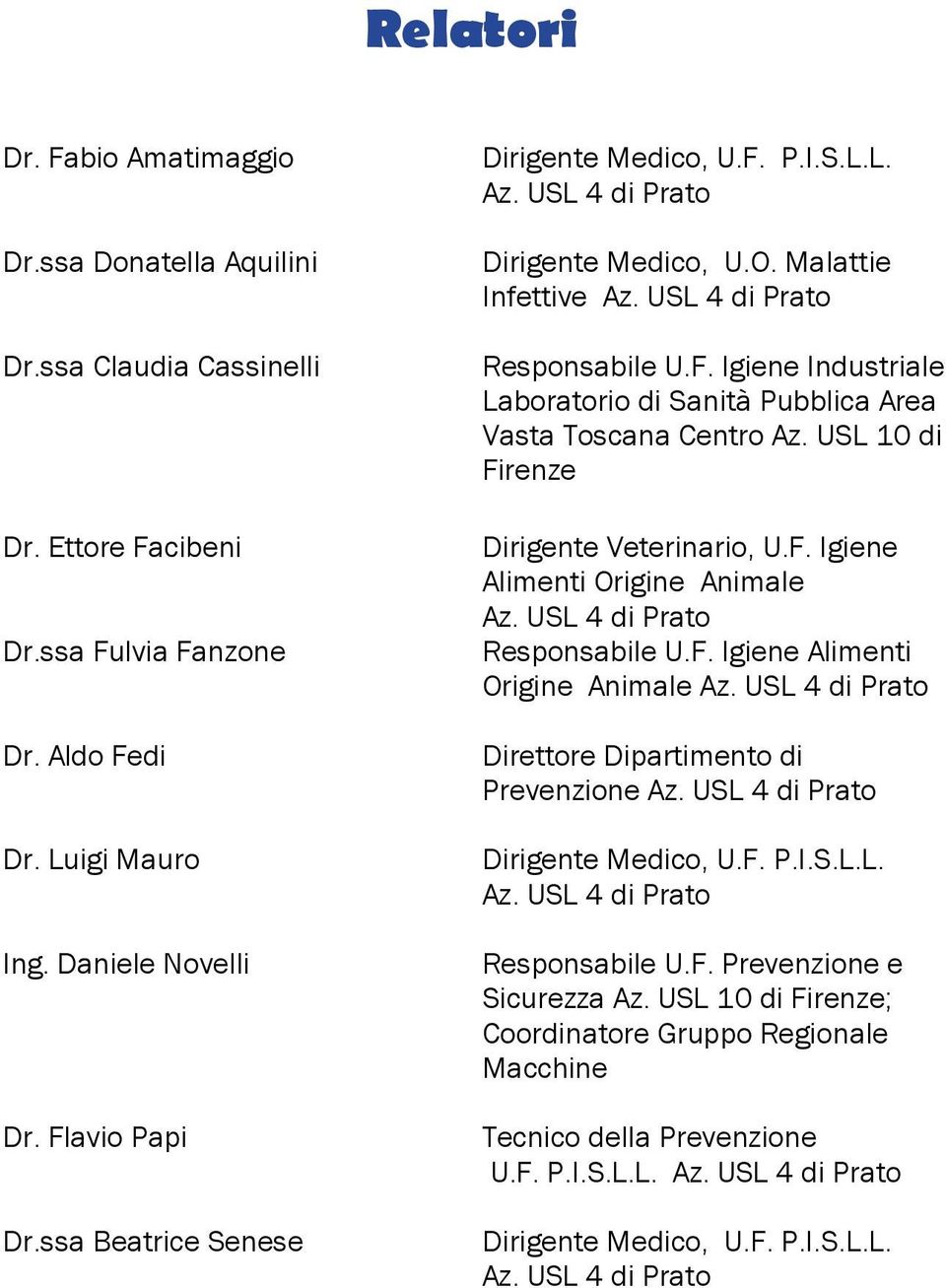 USL 10 di Firenze Dirigente Veterinario, U.F. Igiene Alimenti Origine Animale Az. USL 4 di Prato Responsabile U.F. Igiene Alimenti Origine Animale Az. USL 4 di Prato Direttore Dipartimento di Prevenzione Az.