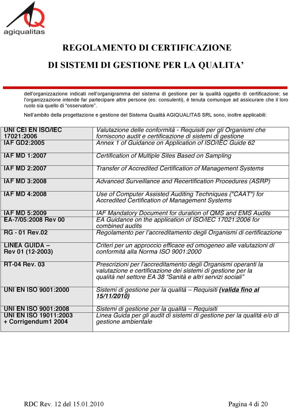 Nell ambito della progettazione e gestione del Sistema Qualità AGIQUALITAS SRL sono, inoltre applicabili: UNI CEI EN ISO/IEC Valutazione delle conformità - Requisiti per gli Organismi che 17021:2006