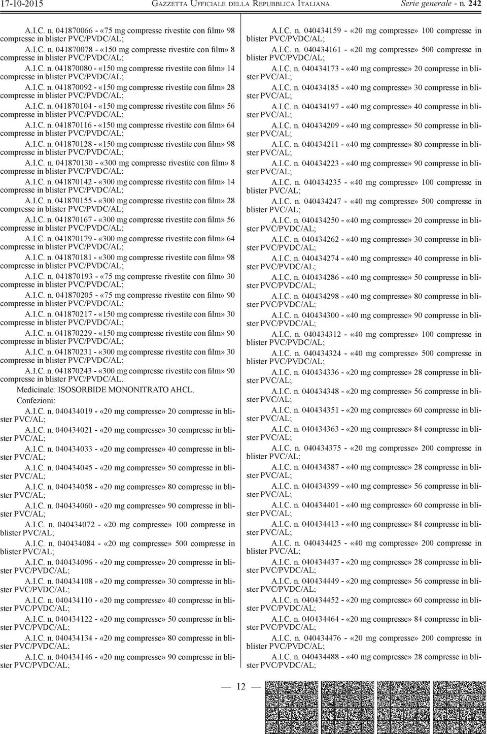 I.C. n. 041870128 - «150 mg compresse rivestite con film» 98 compresse in blister A.I.C. n. 041870130 - «300 mg compresse rivestite con film» 8 compresse in blister A.I.C. n. 041870142 - «300 mg compresse rivestite con film» 14 compresse in blister A.