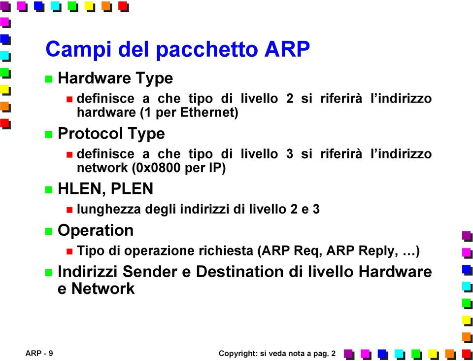 IP) HLEN, PLEN lunghezza degli indirizzi di livello 2 e 3 Operation Tipo di operazione richiesta (ARP Req,