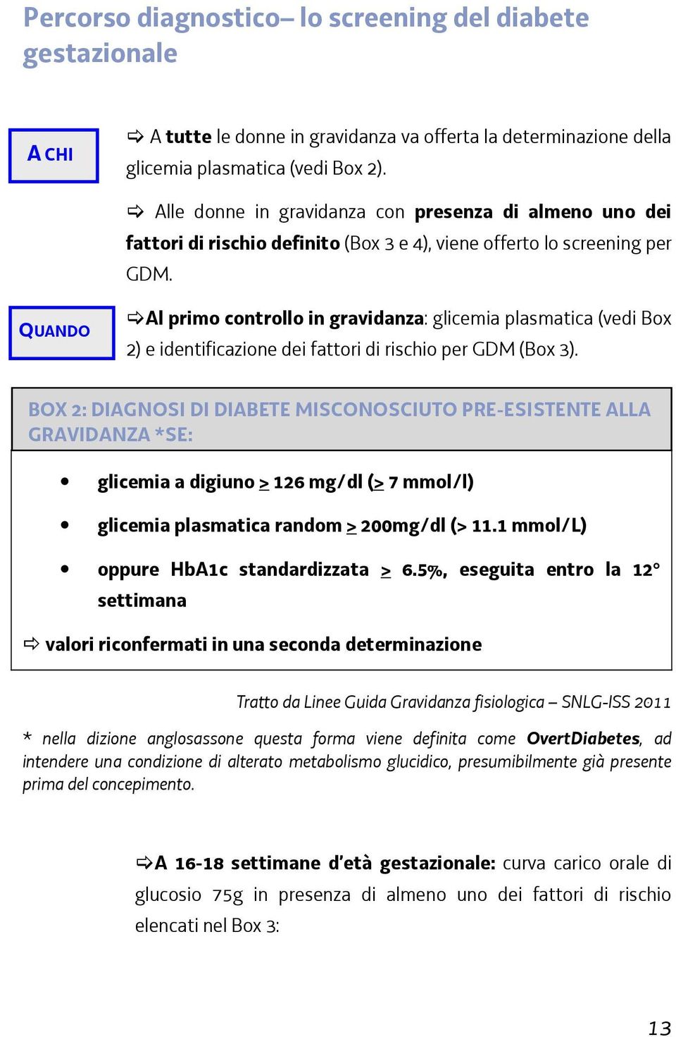 QUANDO Al primo controllo in gravidanza: glicemia plasmatica (vedi Box 2) e identificazione dei fattori di rischio per GDM (Box 3).