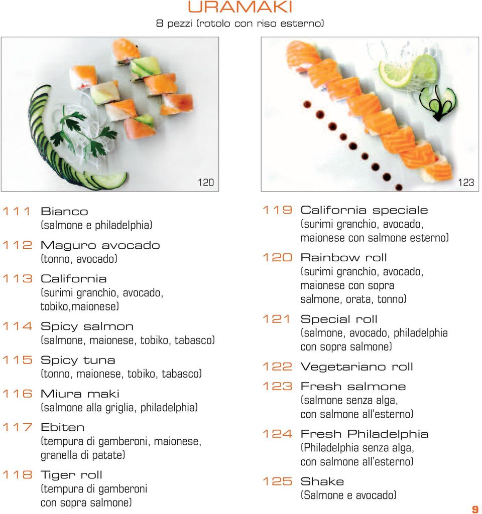 patate) 118 Tiger roll (tempura di gamberoni con sopra salmone) 119 California speciale (surimi granchio, avocado, maionese con salmone esterno) 120 Rainbow roll (surimi granchio, avocado, maionese