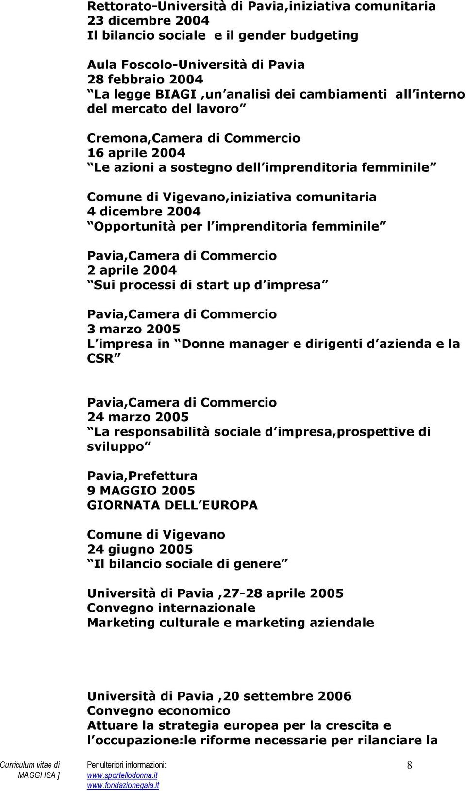 Opportunità per l imprenditoria femminile Pavia,Camera di Commercio 2 aprile 2004 Sui processi di start up d impresa Pavia,Camera di Commercio 3 marzo 2005 L impresa in Donne manager e dirigenti d