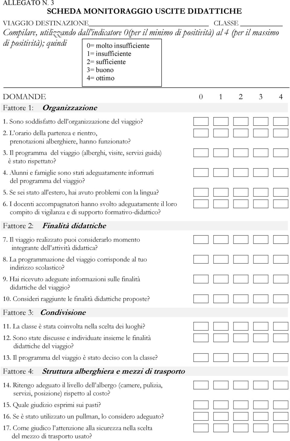 insufficiente 1= insufficiente 2= sufficiente 3= buono 4= ottimo DOMANDE 0 1 2 3 4 Fattore 1: Organizzazione 1. Sono soddisfatto dell organizzazione del viaggio? 2. L orario della partenza e rientro, prenotazioni alberghiere, hanno funzionato?