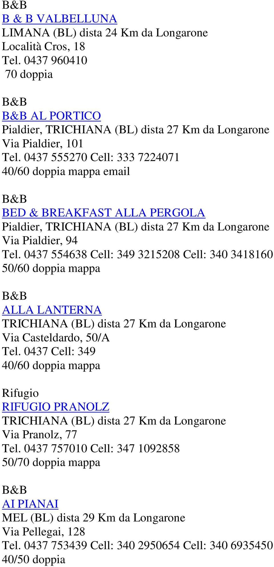 0437 554638 Cell: 349 3215208 Cell: 340 3418160 50/60 doppia mappa ALLA LANTERNA TRICHIANA (BL) dista 27 Km da Longarone Via Casteldardo, 50/A Tel.