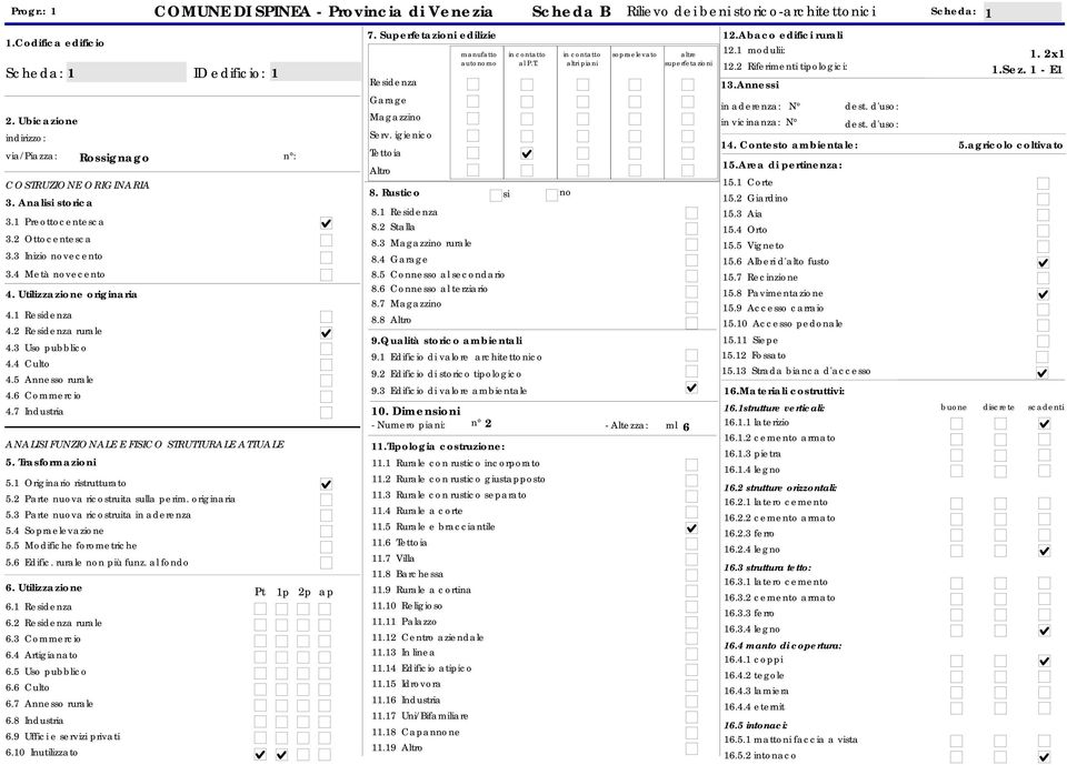 Utilizzazione originaria 4.1 Residenza 4.2 Residenza rurale 4.3 Uso pubblico 4.4 Culto 4.5 Annesso rurale 4.6 Commercio 4.7 Industria ANALISI FUNZIONALE E FISICO STRUTTURALE ATTUALE 5.