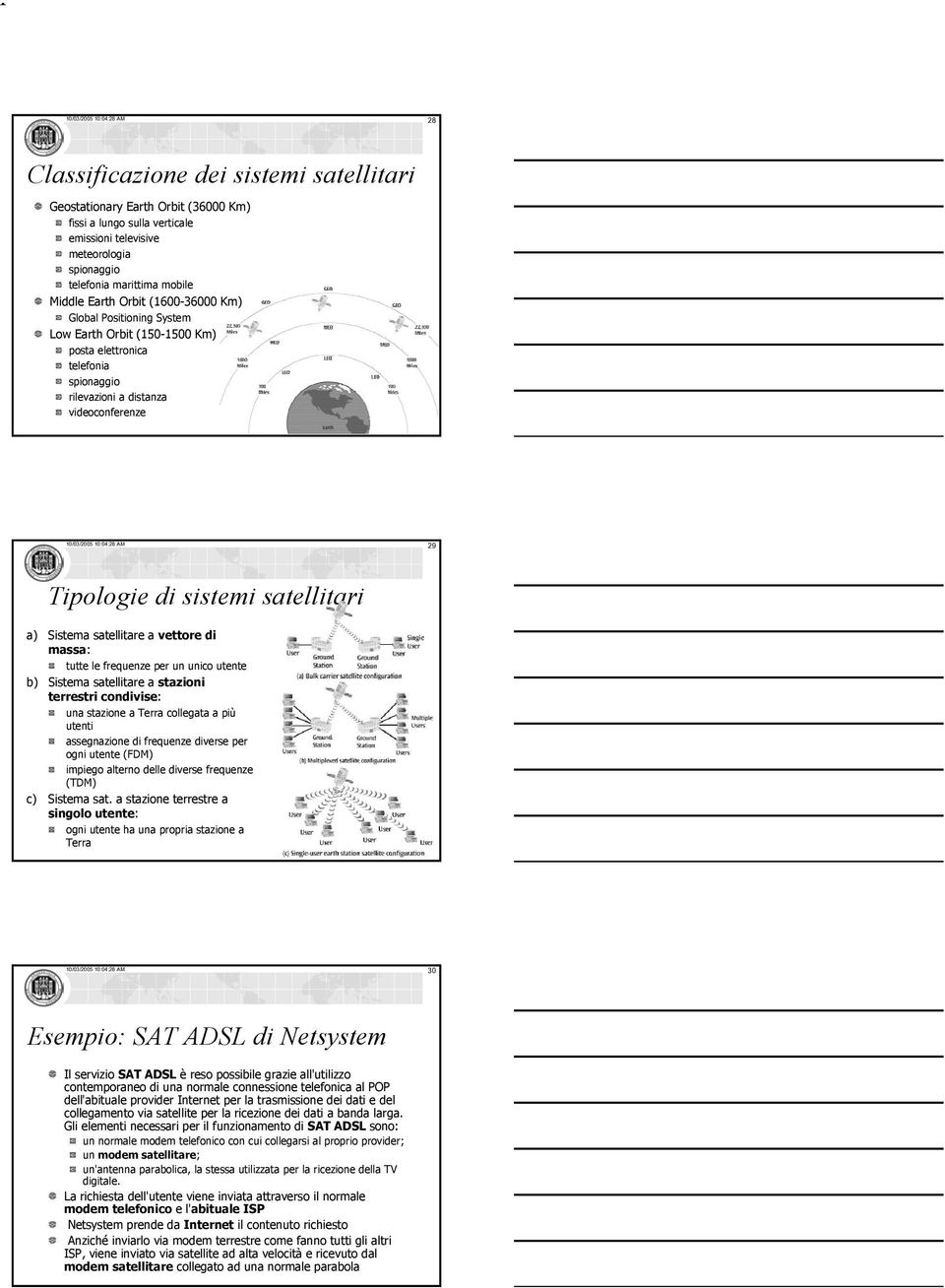 rilevazioni a distanza videoconferenze 10/03/2005 10:04:28 AM 29 Tipologie di sistemi satellitari a) Sistema satellitare a vettore di massa: tutte le frequenze per un unico utente b) Sistema