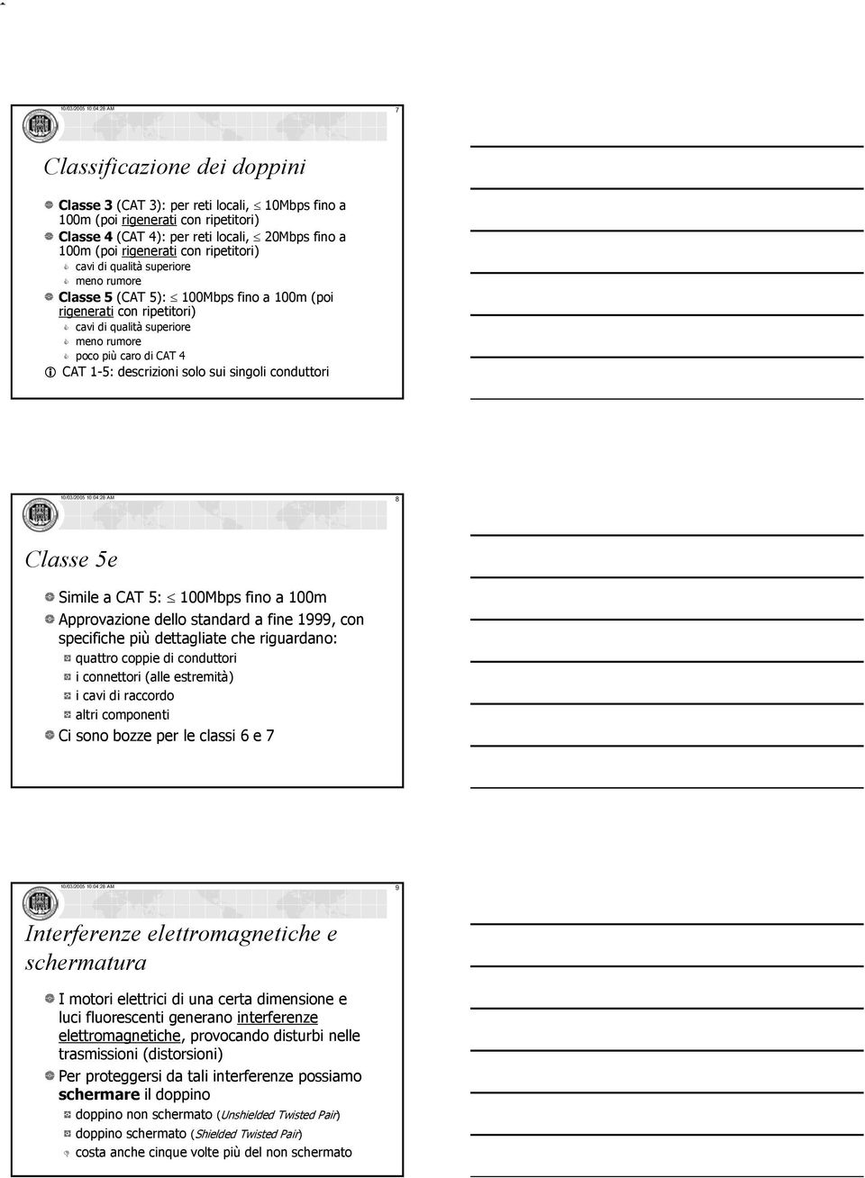 1-5: descrizioni solo sui singoli conduttori 10/03/2005 10:04:28 AM 8 Classe 5e Simile a CAT 5: 100Mbps fino a 100m Approvazione dello standard a fine 1999, con specifiche più dettagliate che