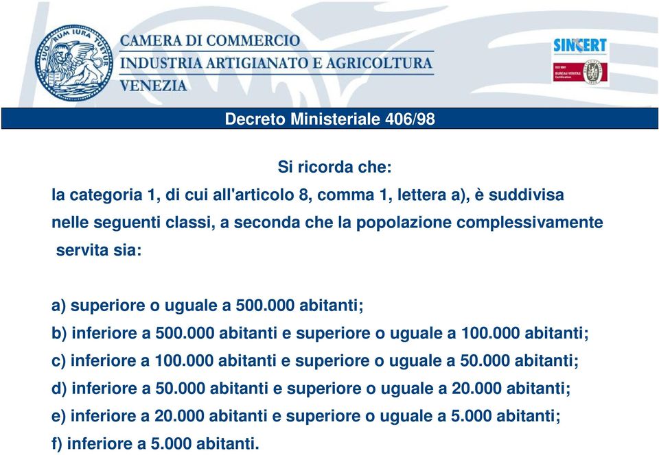 000 abitanti e superiore o uguale a 100.000 abitanti; c) inferiore a 100.000 abitanti e superiore o uguale a 50.