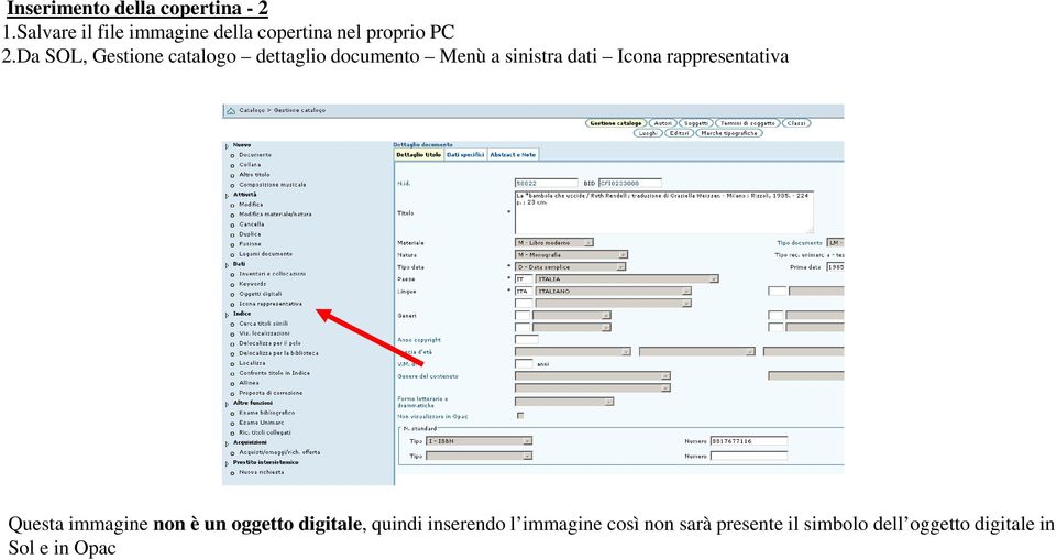 Da SOL, Gestione catalogo dettaglio documento Menù a sinistra dati Icona