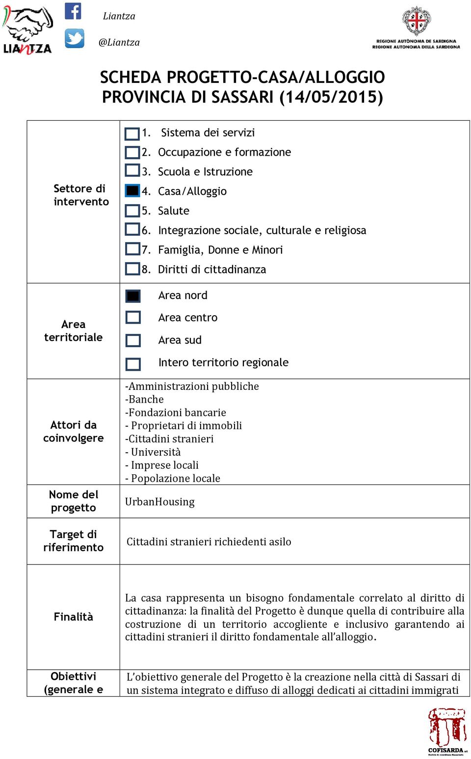 Diritti di cittadinanza Area nord Area territoriale Area centro Area sud Intero territorio regionale Attori da coinvolgere Nome del progetto Target di riferimento -Amministrazioni pubbliche -Banche