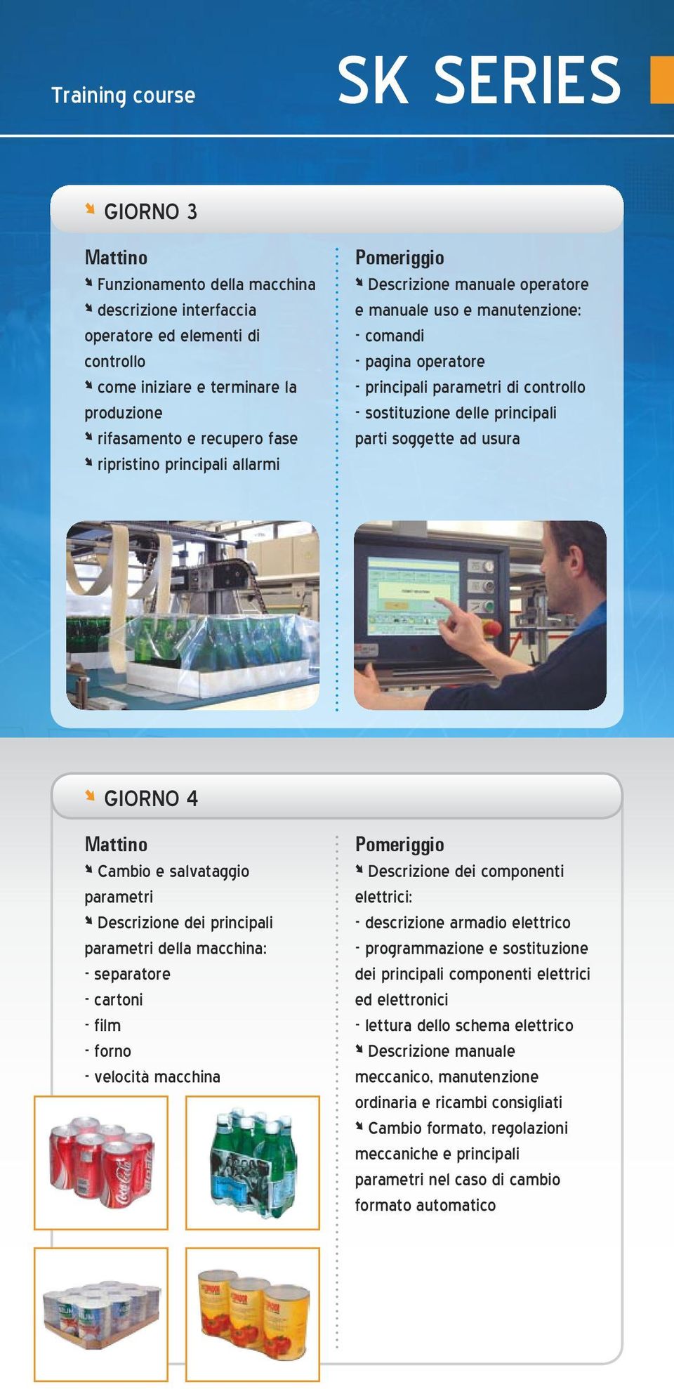 Cambio e salvataggio parametri Descrizione dei principali parametri della macchina: - separatore - cartoni - film - forno - velocità macchina Descrizione dei componenti elettrici: - descrizione