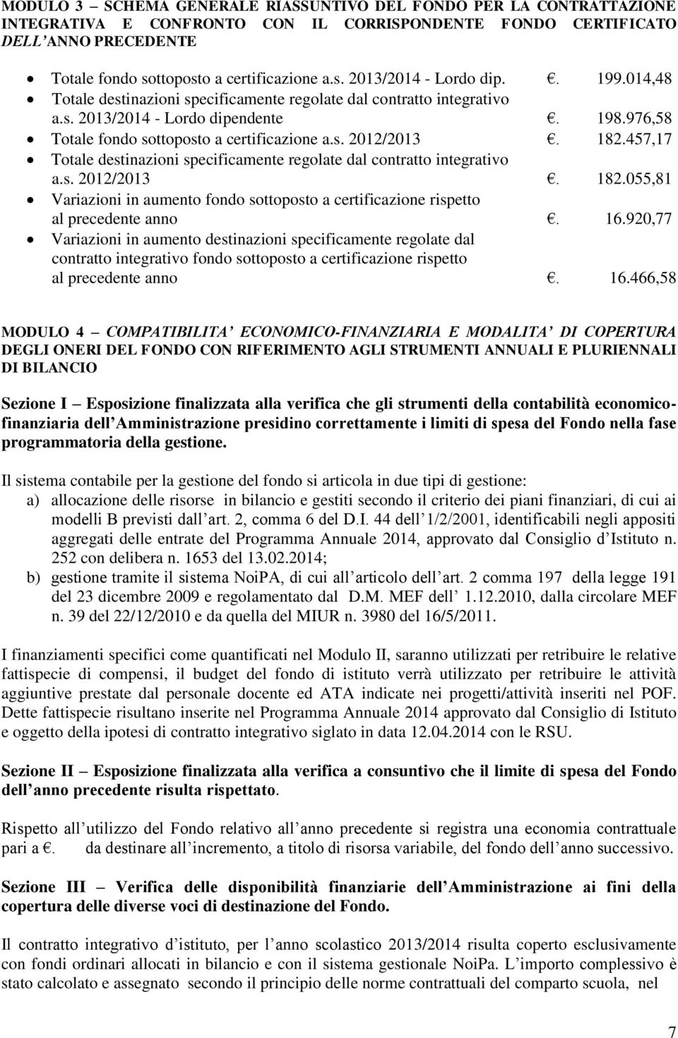 457,17 Totale destinazioni specificamente regolate dal contratto integrativo a.s. 2012/2013. 182.055,81 Variazioni in aumento fondo sottoposto a certificazione rispetto al precedente anno. 16.