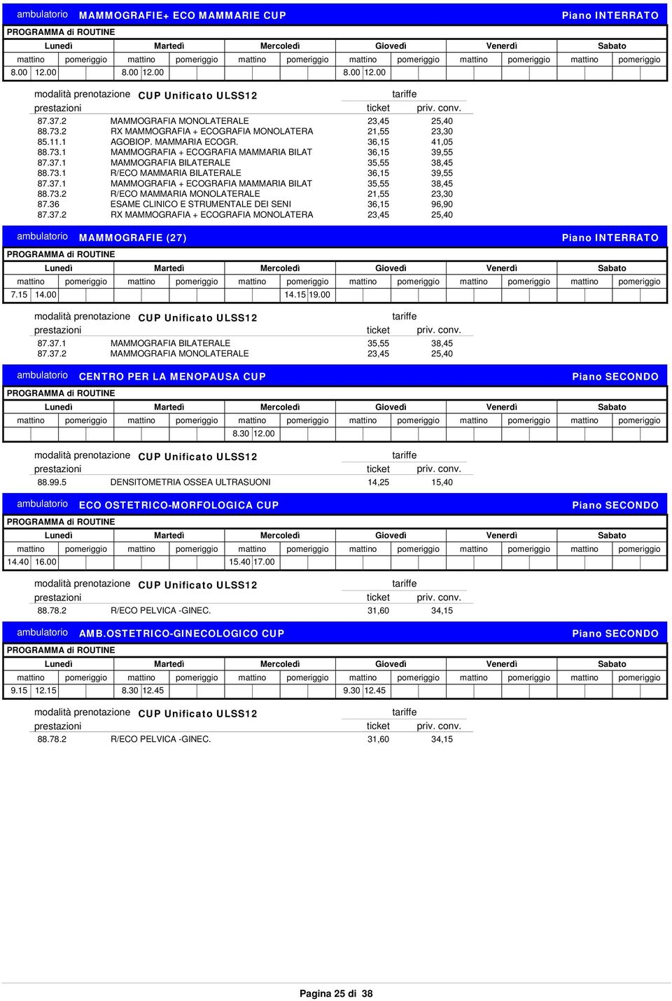 73.2 R/ECO MAMMARIA MONOLATERALE 21,55 23,30 87.36 ESAME CLINICO E STRUMENTALE DEI SENI 36,15 96,90 87.37.2 RX MAMMOGRAFIA + ECOGRAFIA MONOLATERA 23,45 25,40 MAMMOGRAFIE (27) 7.15 14.00 14.15 19.