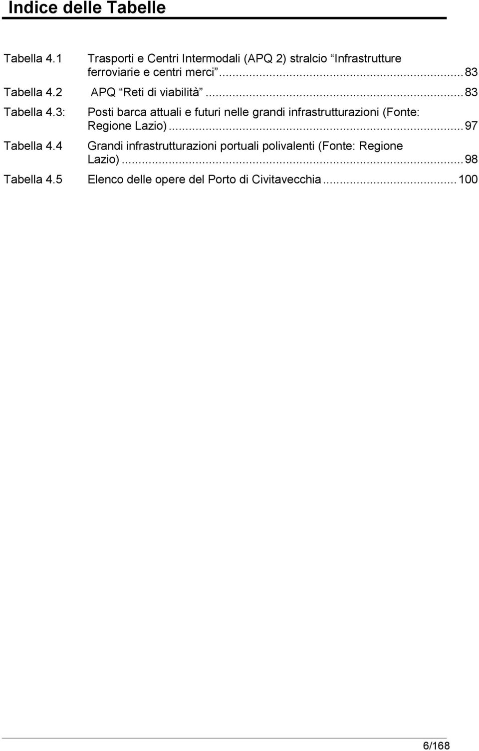 2 APQ Reti di viabilità... 83 Tabella 4.3: Tabella 4.