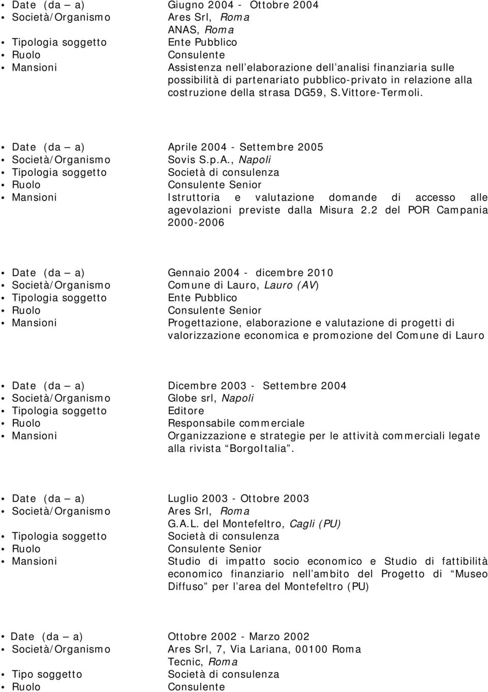 2 del POR Campania 2000-2006 Date (da a) Gennaio 2004 - dicembre 2010 Comune di Lauro, Lauro (AV) Progettazione, elaborazione e valutazione di progetti di valorizzazione economica e promozione del