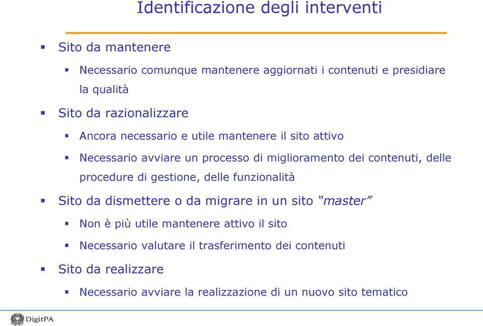 delle procedure di gestione, delle funzionalità Sito da dismettere o da migrare in un sito master Non è più utile mantenere attivo il