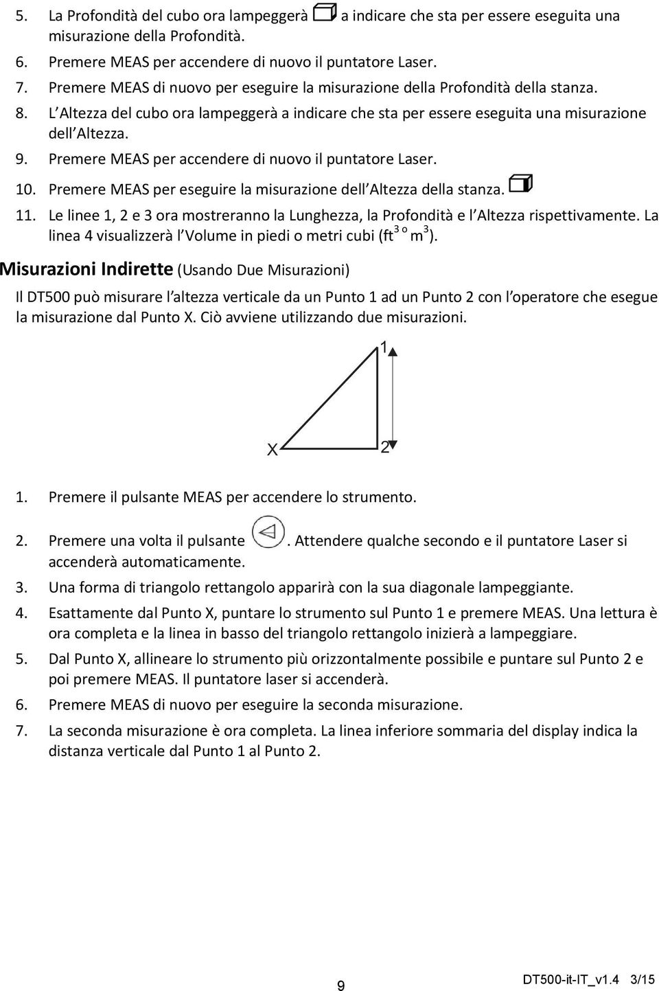 Premere MEAS per accendere di nuovo il puntatore Laser. 10. Premere MEAS per eseguire la misurazione dell Altezza della stanza. 11.