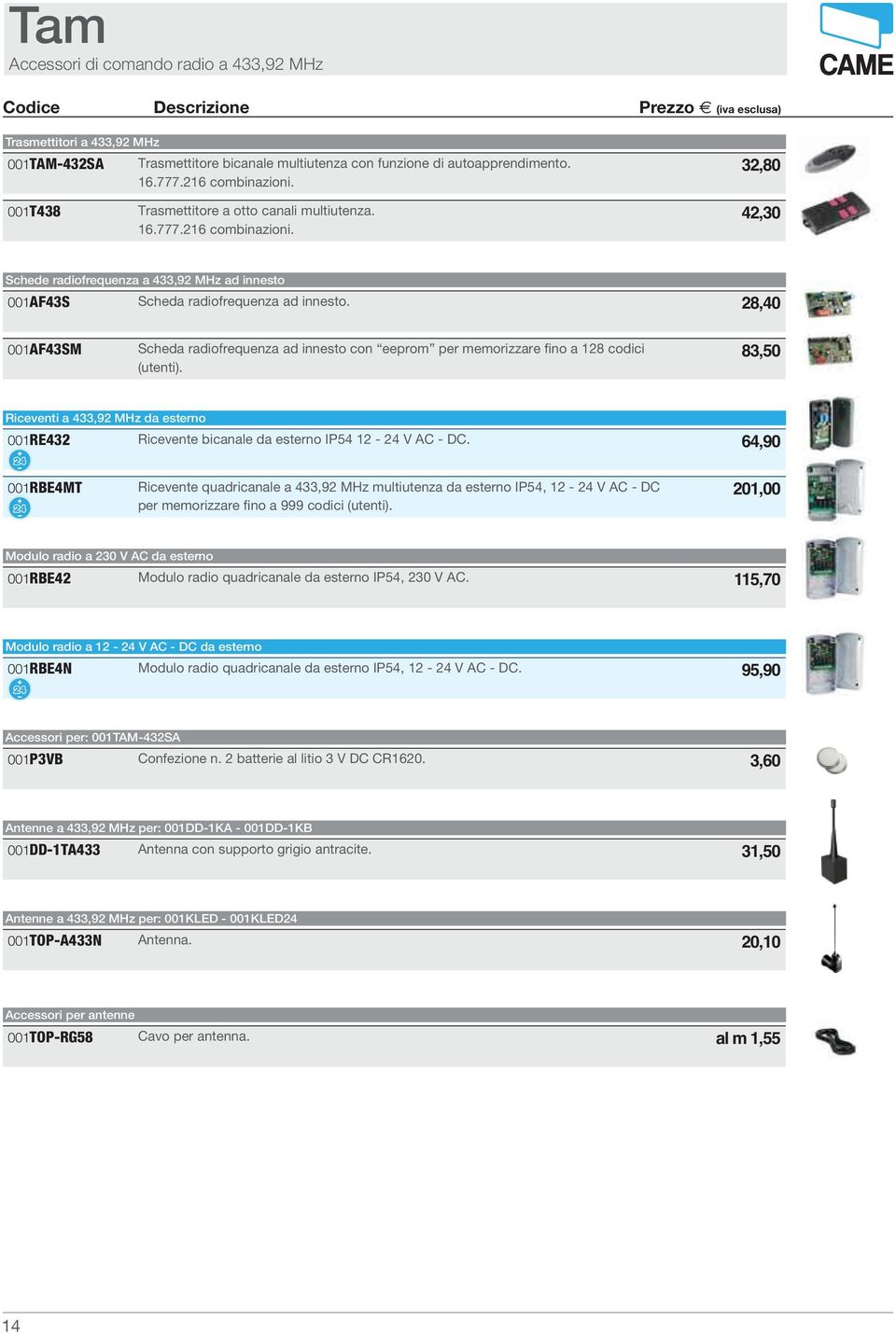 28,40 001AF43SM Scheda radiofrequenza ad innesto con eeprom per memorizzare fino a 128 codici 83,50 (utenti).