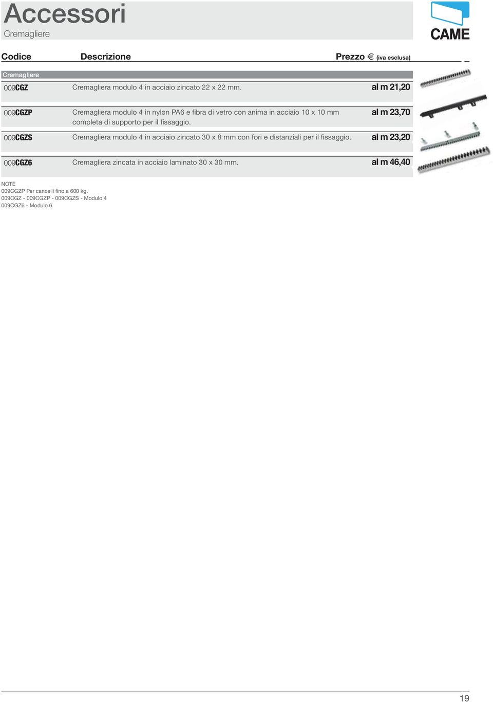 supporto per il fissaggio. 009CGZS Cremagliera modulo 4 in acciaio zincato 30 x 8 mm con fori e distanziali per il fissaggio.