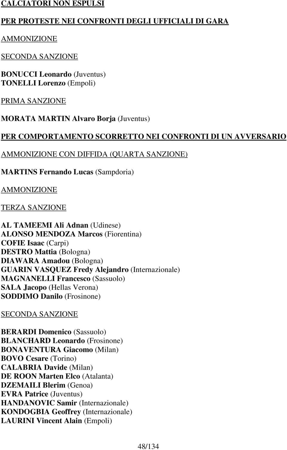 (Carpi) DESTRO Mattia (Bologna) DIAWARA Amadou (Bologna) GUARIN VASQUEZ Fredy Alejandro (Internazionale) MAGNANELLI Francesco (Sassuolo) SALA Jacopo (Hellas Verona) SODDIMO Danilo (Frosinone) BERARDI