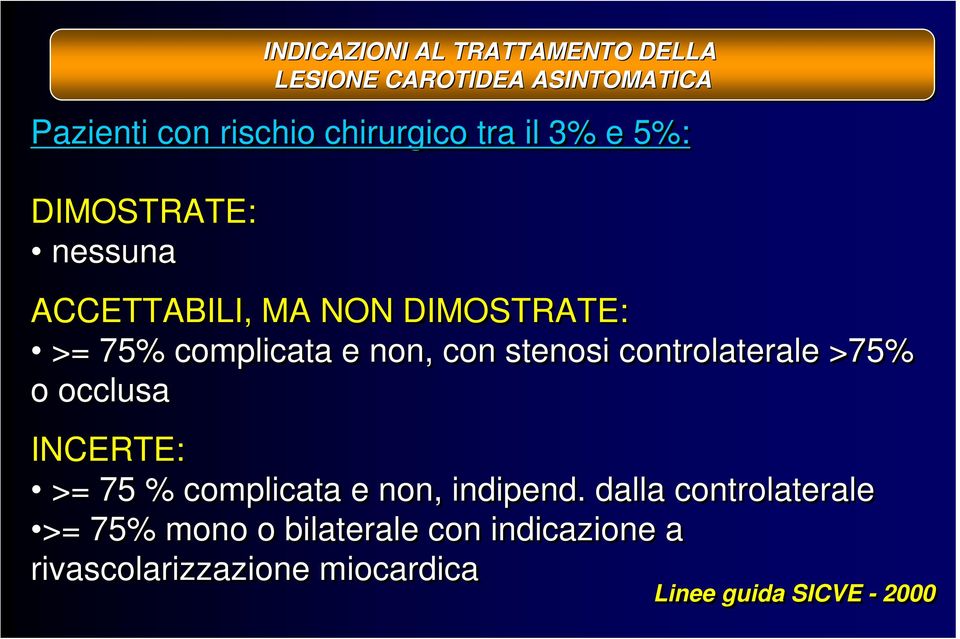 stenosi controlaterale >75% o occlusa INCERTE: >= 75 % complicata e non, indipend.