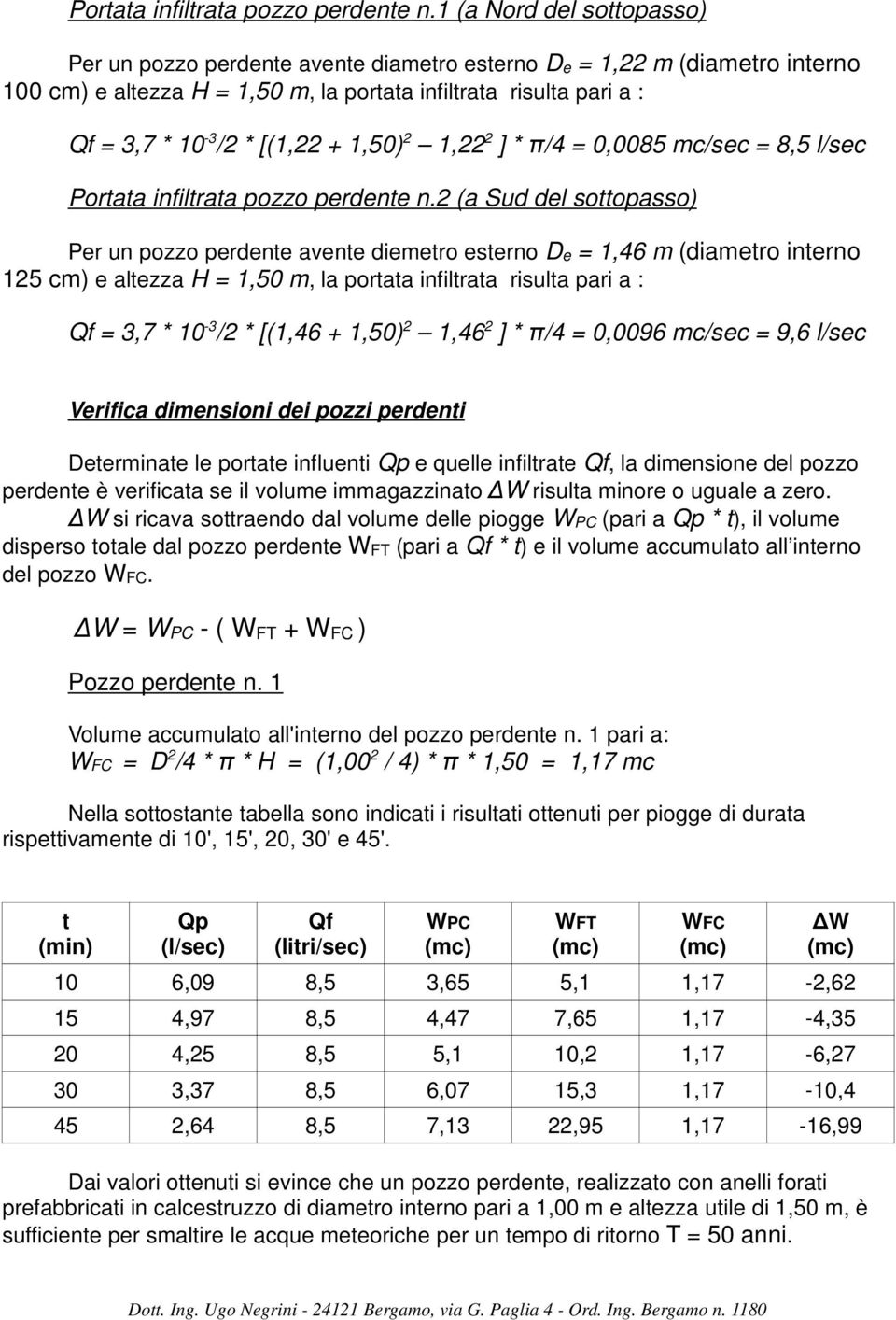 + 1,50) 2 1,22 2 ] * π/4 = 0,0085 mc/sec = 8,5 l/sec 2 (a Sud del sottopasso) Per un pozzo perdente avente diemetro esterno De = 1,46 m (diametro interno 125 cm) e altezza H = 1,50 m, la portata