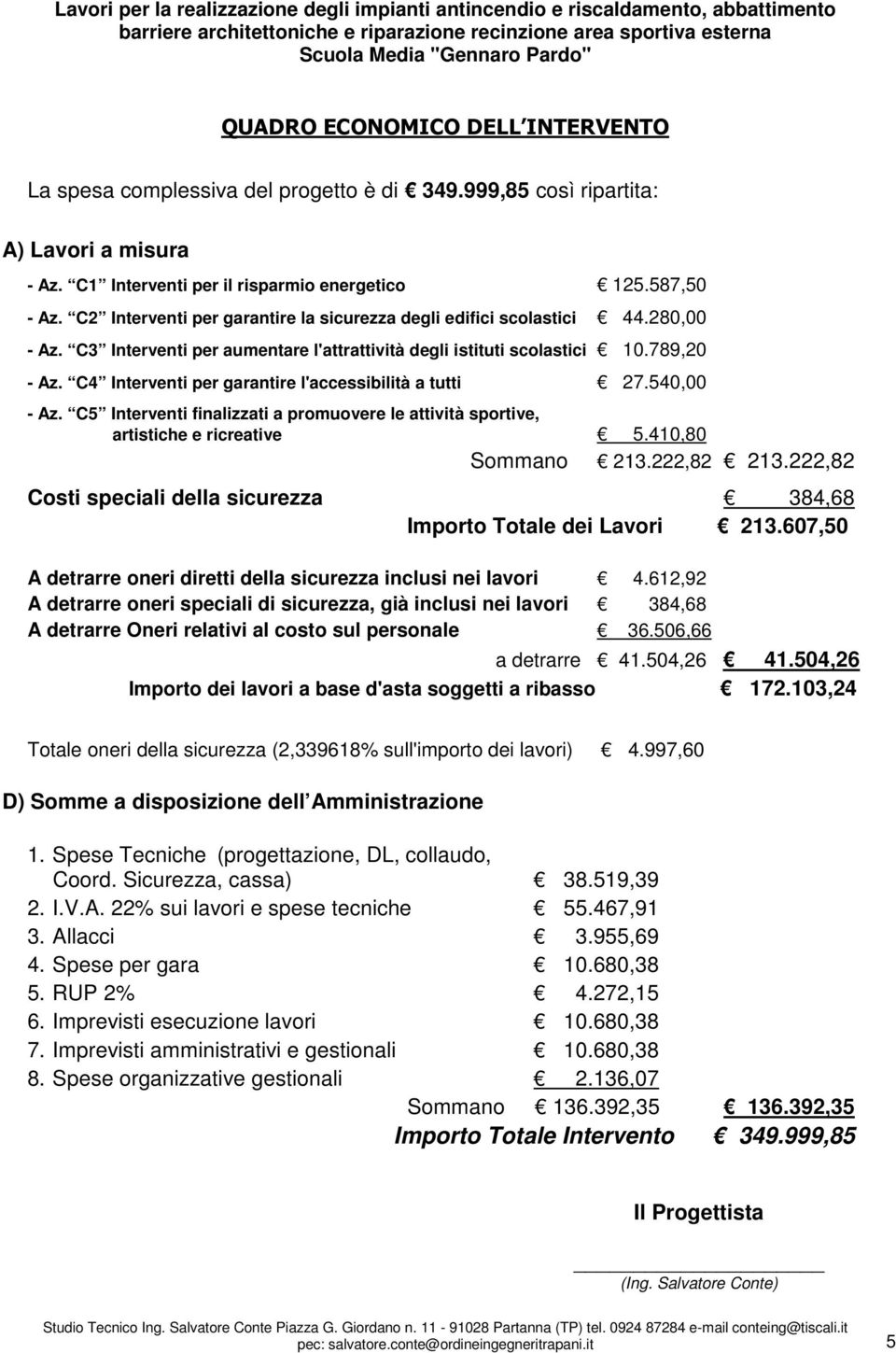 C4 Interventi per garantire l'accessibilità a tutti 27.540,00 - Az. C5 Interventi finalizzati a promuovere le attività sportive, artistiche e ricreative 5.410,80 Sommano 213.222,82 213.