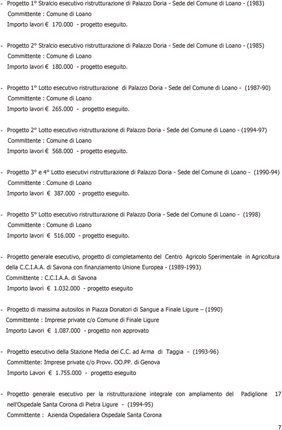 - Progetto 1 Lotto esecutivo ristrutturazione di Palazzo Doria - Sede del Comune di Loano - (1987-90) Importo lavori 265.000 -.