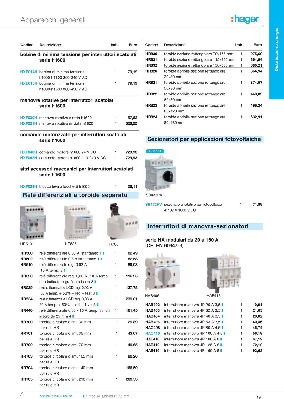 V AC manovre rotative per interruttori scatolati serie h1600 HXF030H manovra rotativa diretta h1600 1 57,63 HXF031H manovra rotativa rinviata h1600 1 326,55 HR830 toroide sezione rettangolare 70x175