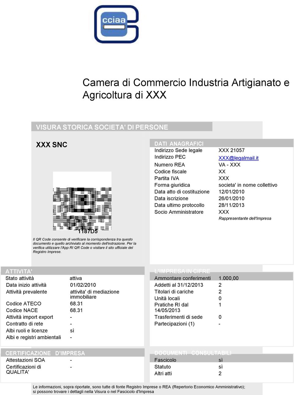 Amministratore Rappresentante dell'impresa 1187D5 Il QR Code consente di verificare la corrispondenza tra questo documento e quello archiviato al momento dell'estrazione.